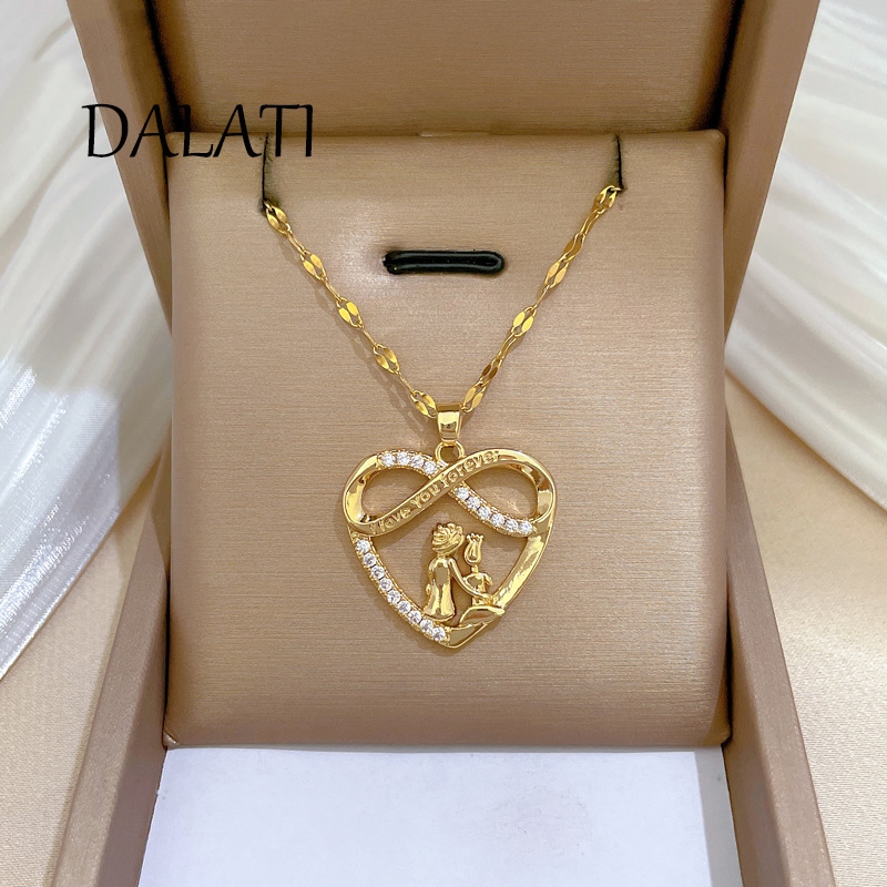 Colar Dalati Titanium Steel Necklace 8-Caracteres Love Heart Full Diamond Light Luxo Lindo Colar Feminino Cadeia de Clavícula Titânio