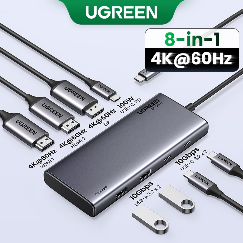 UGREEN 4K60Hz Visor Triplo HUB 13Ports/8 Portas 10Gbps 2X UBS-A + 2X USB-C PD100W Para MacBookPro 2023/DELL/HP/LENOVO - Computers & Accessories