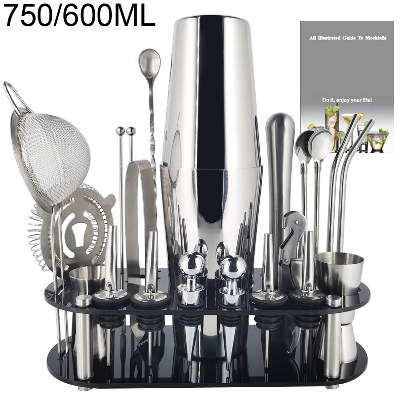 22pcs 750/600ml 750ml Ferramentas Para Coqueteleira De Boston Conjunto Misturador De Vinho Bartender Kit De Pourer Jigger Com Suporte