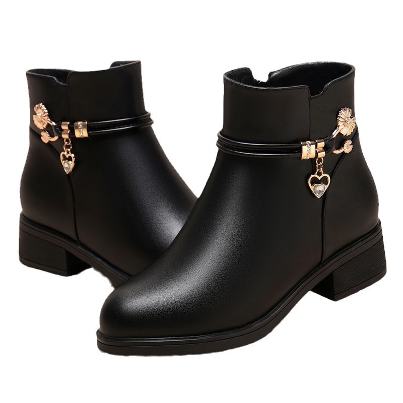 Sapatos De Couro Macio Feminino Mãe Algodão Outono Inverno Velo De Forro De Calcanhar Gros...
