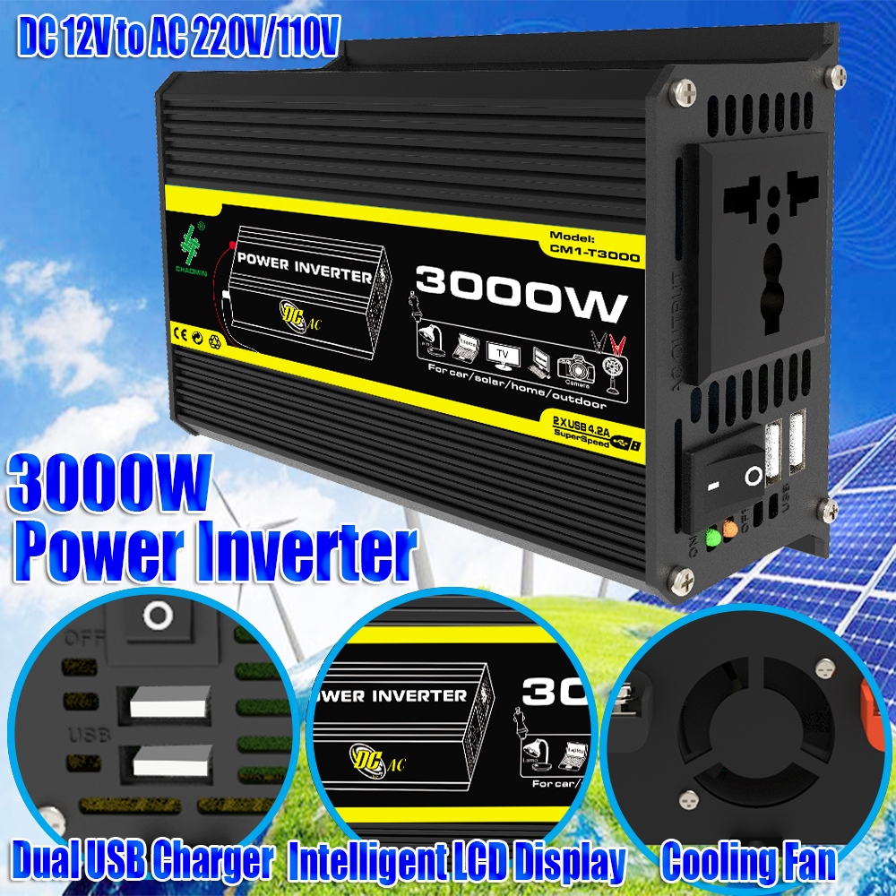 Inversor De Energia Solar De 3000W DC 12V A AC 220V/110V Conversor De Carro Doméstico De Onda Sinusoidal Modificado Com Duplo Carregador Rápido USB 4.2A Visor LED De Luzes