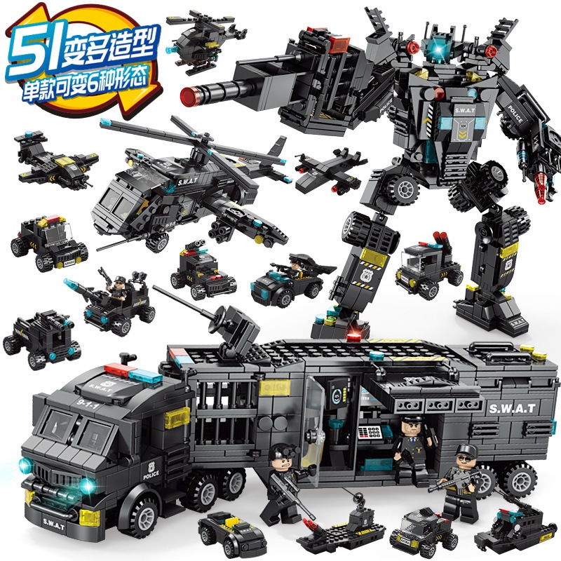 1.000 pçs blocos de construção Lego tanque de bombeiros navio de guerra militar preto falcão SWAT pioneiro equipe montag