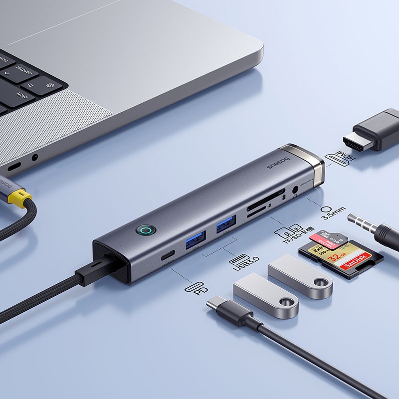 Baseus UltraJoy Air USB-C 7-In-1 Hub 2X 3.0 5Gb/s HDMI 4K60Hz SD/TF 104Mb 3.5mm Suporte CTIA/OMTP Carregamento De 100W em Oferta na Shopee