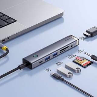 Baseus UltraJoy Air USB-C 7-In-1 Hub 2X 3.0 5Gb/s HDMI 4K60Hz SD/TF 104Mb 3.5mm Suporte CTIA/OMTP Carregamento De 100W em Oferta na Shopee