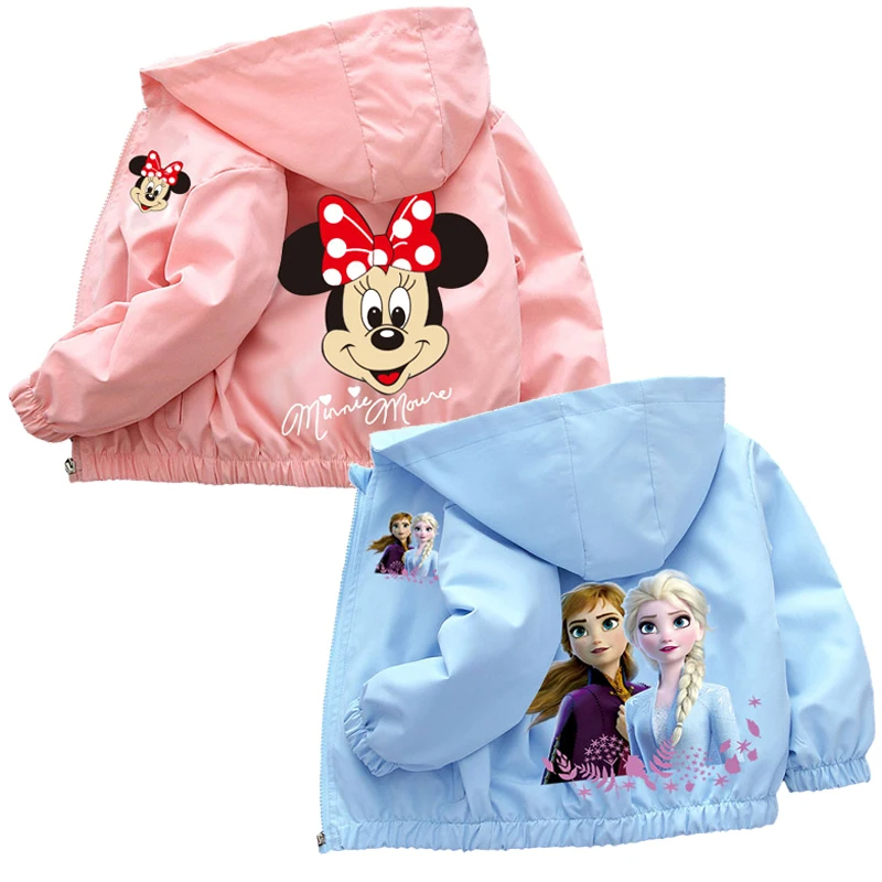 Casaco Com Zíper Capuz Para Adolescentes Casual À Prova De Vento Primavera Outono Criança Desenho Animado Minnie Elsa