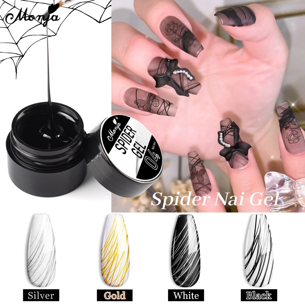 Monja 4pcs Verniz De Unhas De Aranha Linha De Gel Spider Teia De Aranha Led Uv Desenho Cores Unhas Branco, Preto, Prata e Dourado Teia de Aranha