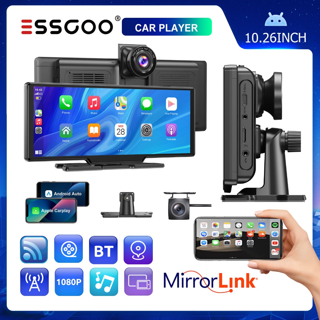 ESSGOO 10 ′ Tela Sem Fio Apple Carplay Screen Rádio Carro Multimídia Navegação GPS 2 Camera Player Universal em Oferta na Shopee