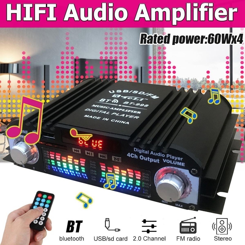 Amplificador De Áudio Para Carro 12V/220 mini 800w digital Bluetooth De Alta Fidelidade De 4 Canais Baixo Com Visor LCD