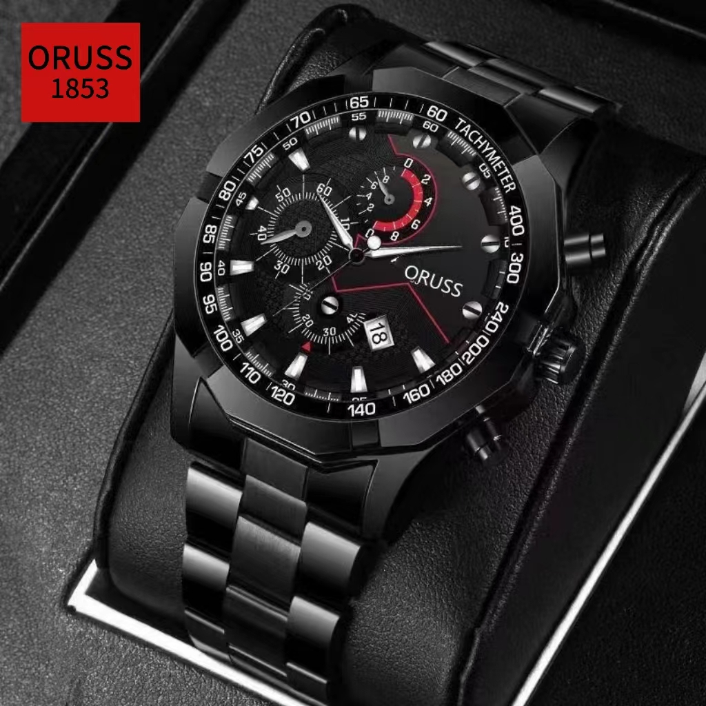ORUSS Original Luxo Aço Inoxidável/Couro Masculino Calendário À Prova D 'Água Luminoso Moda Relógio Masculino Esportes P