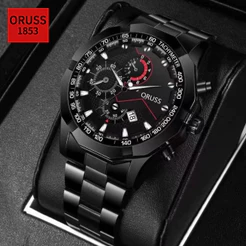 ORUSS Original Luxo Aço Inoxidável/Couro Masculino Calendário À Prova D 'Água Luminoso Moda Relógio Masculino Esportes P