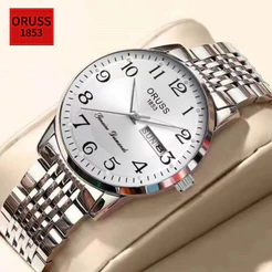 ORUSS Calendário Duplo Original de Aço Inoxidável Moda à prova d'água Relógio Luminoso de Prata Homens Diamante