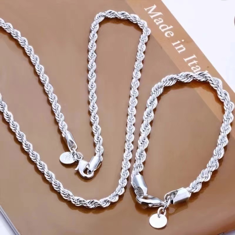 925 Prata Esterlina 2 Peças Colar De Corrente De 4mm Pulseira Para Mulheres Homens Jóias Conjuntos De Casamento