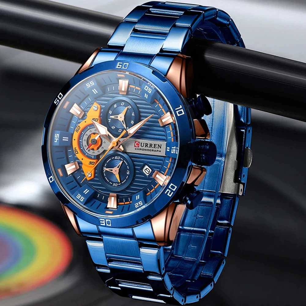 CURREN Relógios Masculinos Originais Marca De Luxo Cronógrafo Genuíno Código Apontadores Luminosos Negócios Casuais De Moda Em Aço Inoxidável Quartzo À Prova D'água 8402 XC