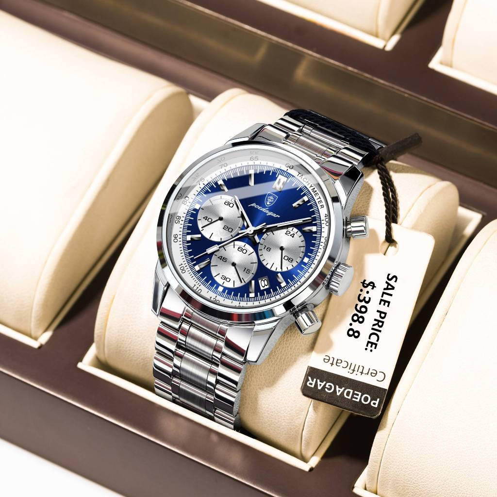 POEDAGAR Moda Masculina Relógio Cronógrafo de Aço Inoxidável Relógios Masculinos À Prova D 'Água Luminosa Data Relógio de Pulso Business Quartz Man Relógio Militar Original para Homens