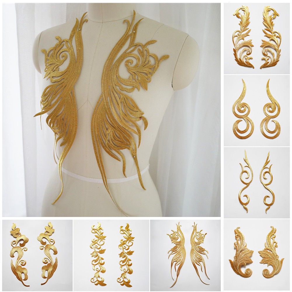 2 Pçs Bordado Ouro Prata Apliques Renda Guarnição Tecido Vestido Colarinho Costurar Ferro Em Remendo Nobre Para Roupas D