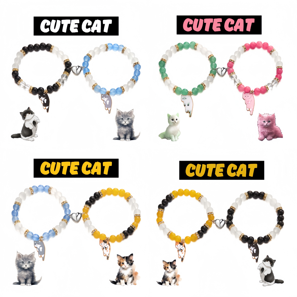 2 Pcs/Set Cute Cat Beaded Pulseiras Com Contas De Gato Pulseira Magnética De Coração Colorida Para Casal Homens E Mulheres Jóias Presentes De Amizade Adoráveis