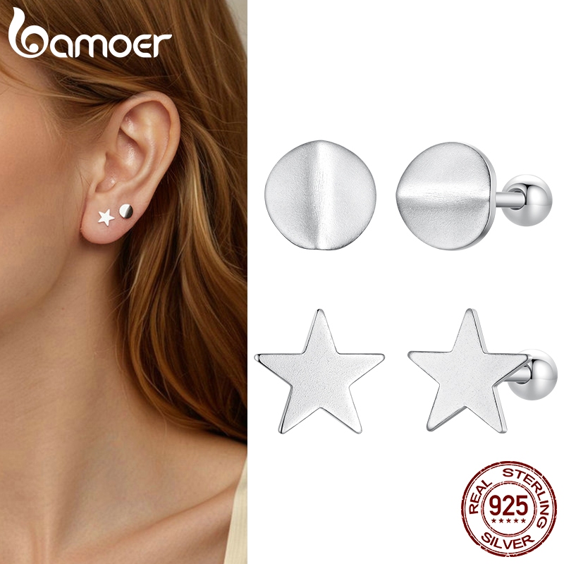 Bamoer 925 Sterling Sliver Studs Brincos Estrelas Redondas Jóias Presentes Para Mulheres - Fashion Accessories