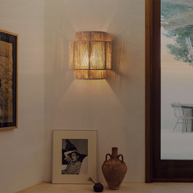 Arandelas De Parede Rústicas , Tecido À Mão , Corda De Cânhamo , Luminária Boho , Sombra Para Passagem , Sala De Estar ,
