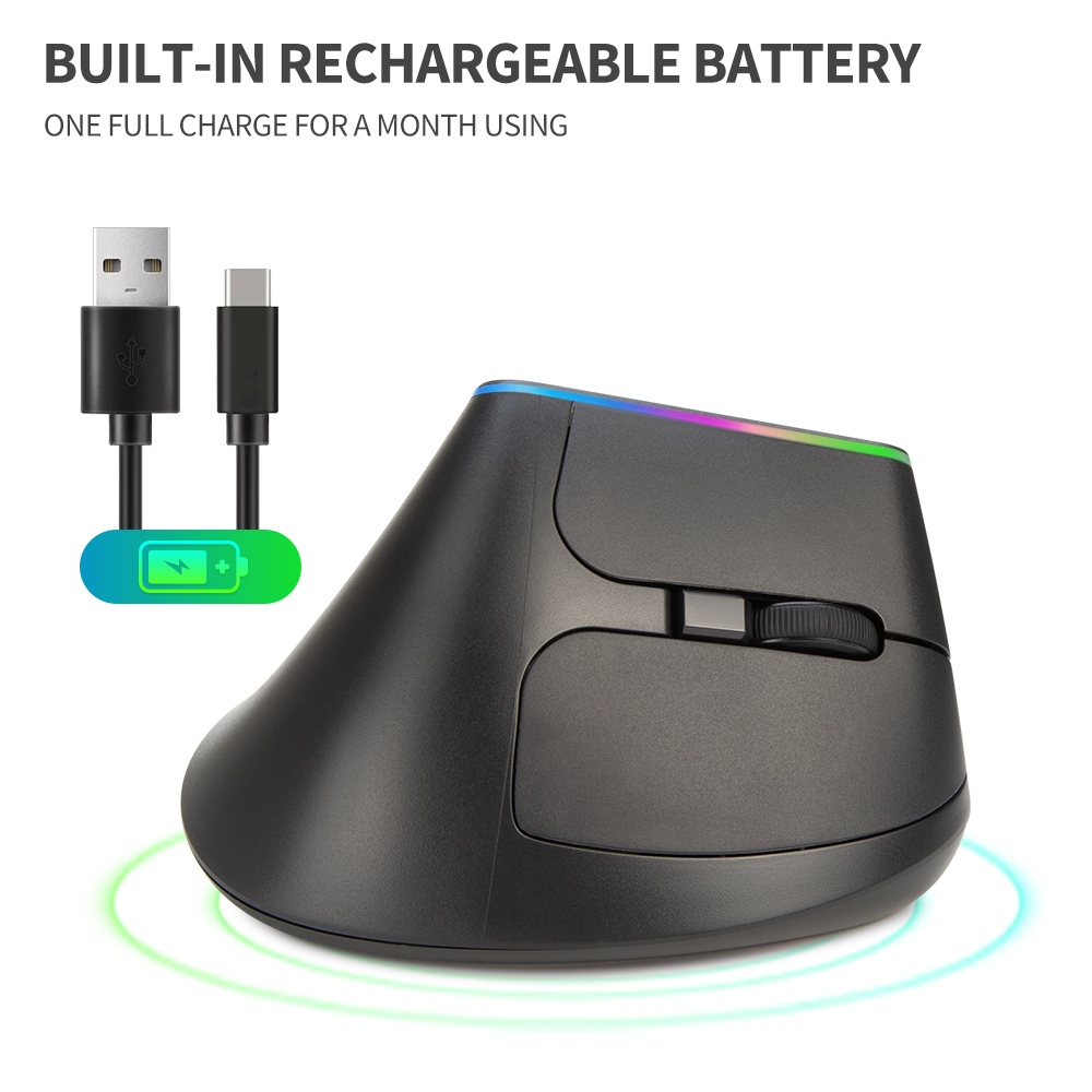Detalhes do Delux M618DB Botão Silent Mouse Sem Fio BT 4.0 + 2.4GHz Dongle Ergonômico Ratos Verticais Recarregáveis Para PC