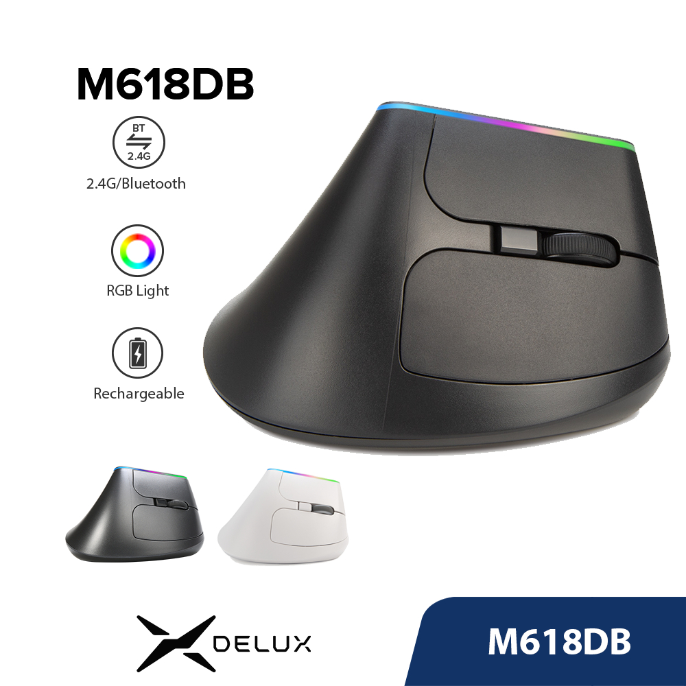 Delux M618DB Botão Silent Mouse Sem Fio BT 4.0 + 2.4GHz Dongle Ergonômico Ratos Verticais Recarregáveis Para PC em Oferta na Shopee