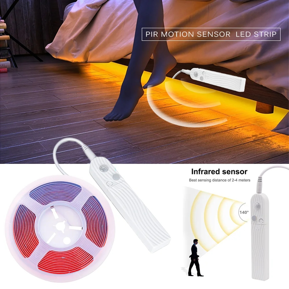Fita LED De 5V COB Alimentada Por Bateria Com Interruptor Sensor De Movimento PIR Flexível De Alta Densidade 320Leds/m FOB Sob A Lâmpada Da Cama Iluminação Do Corredor Guarda-Roupa