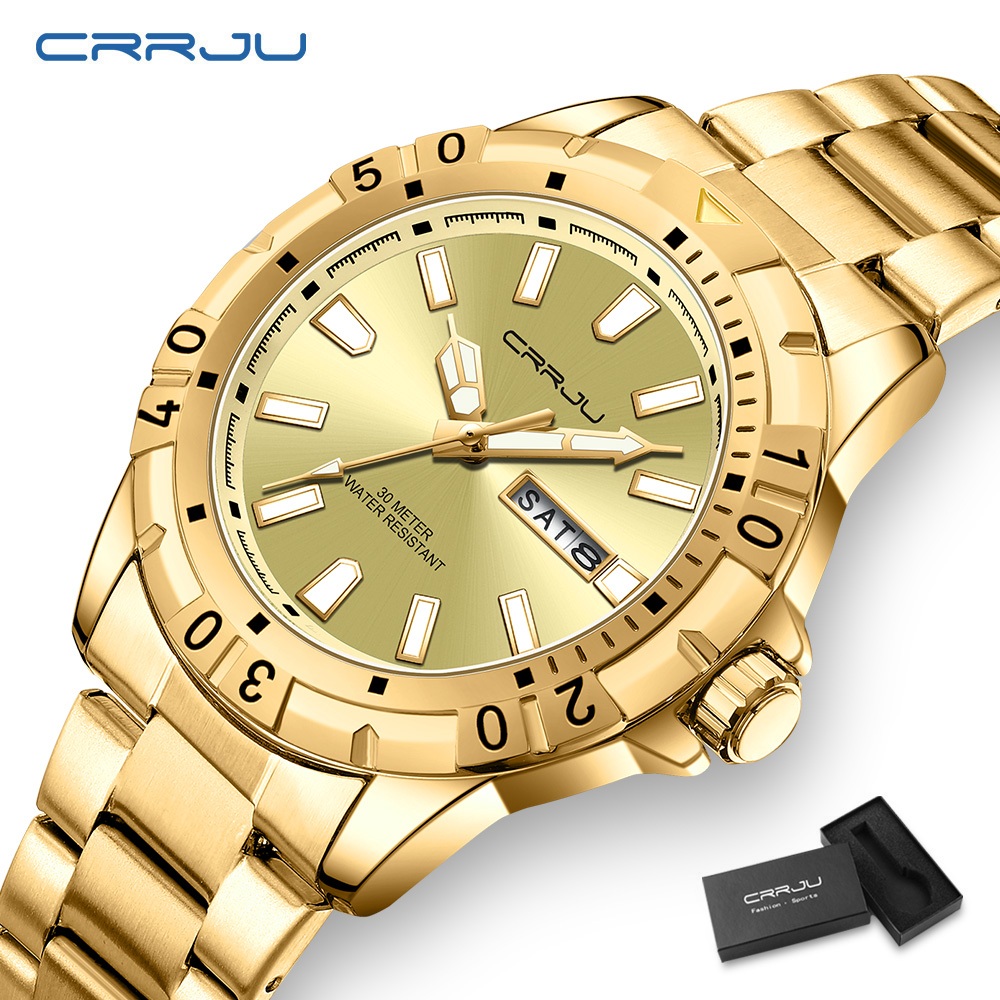 Original CRRJU Relógio Masculino Top Luxo Marca Moda Simples Aço Inoxidável Ponteiros Luminosos Data Lazer Negócios Esportes Quartzo À Prova D'água 5028 em Oferta na Shopee