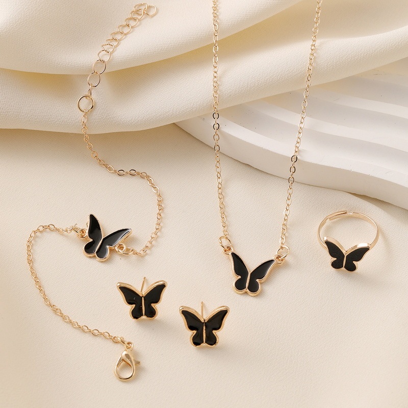 Moda 18K Colar De Borboleta Com Banho De Ouro Coréia Pulseira Brinco Anel Mulher Jóias Dia Dos Namorados em Oferta na Shopee