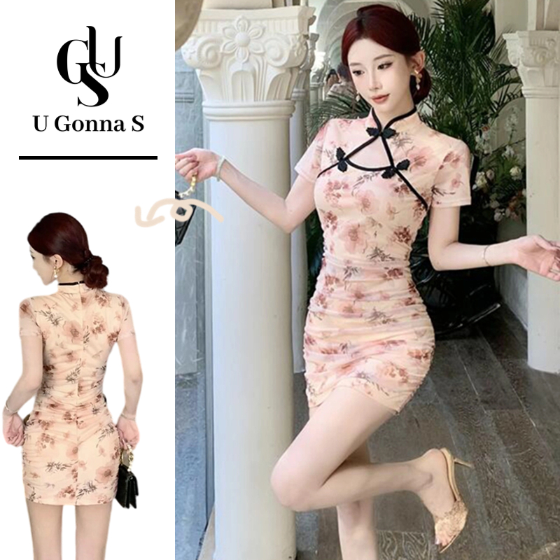 Vestido U Gonna S Melhorado Cheongsam Moderno Manga Curta Sexy Acima Do Joelho Floral Gola Chinesa Cintura Alta Moda Ele