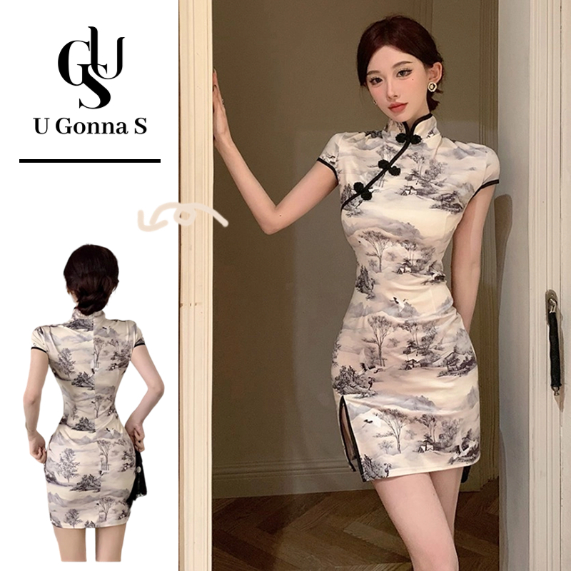 U Gonna S Dress Improved Cheongsam Modern Short Sleeve Sexy Acima Do Joelho Com Fenda Lateral Floral Colarinho Chinês