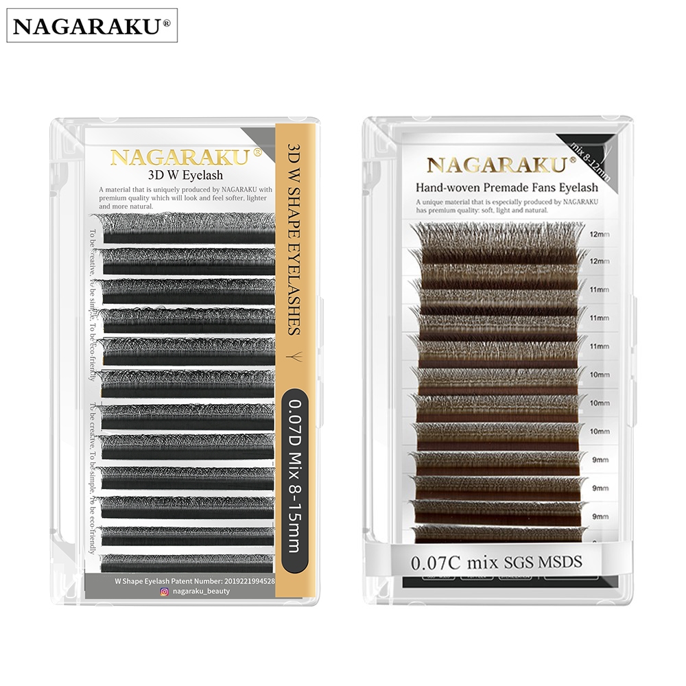 NAGARAKU Preto Marrom 3D W Extensão de cílios 0,07 mm 12 linhas por bandeja