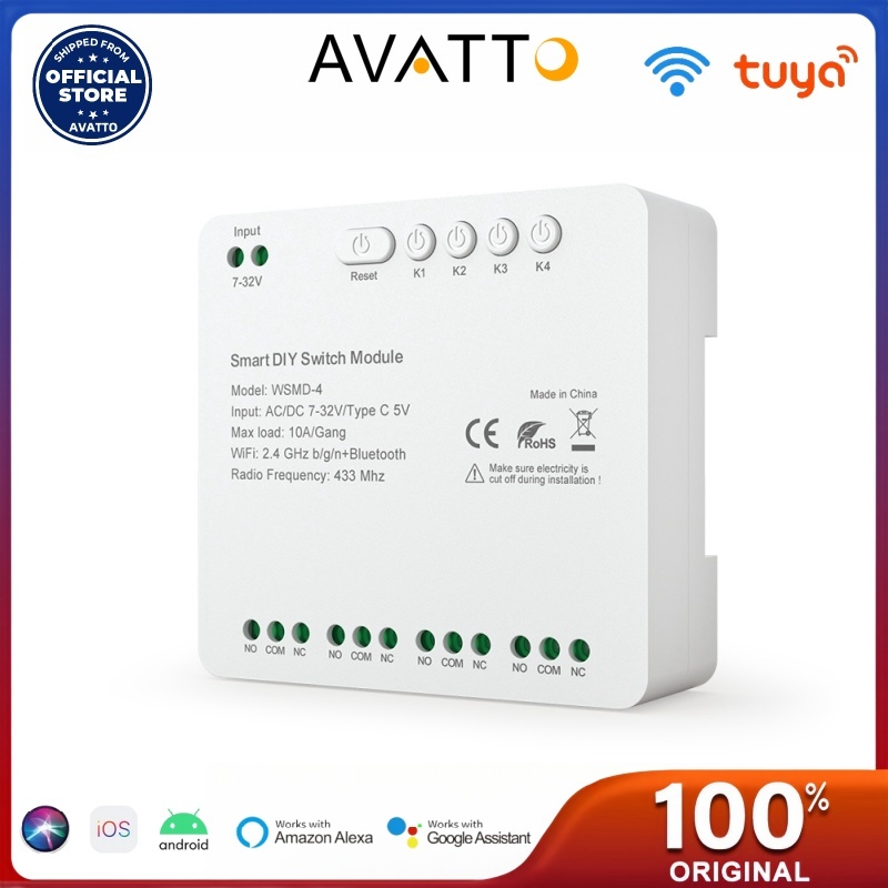 Módulo Interruptor Inteligente AVATTO Tuya WiFi 4 Canais , 7-32V/85-250V RF 433 Relé De Co...