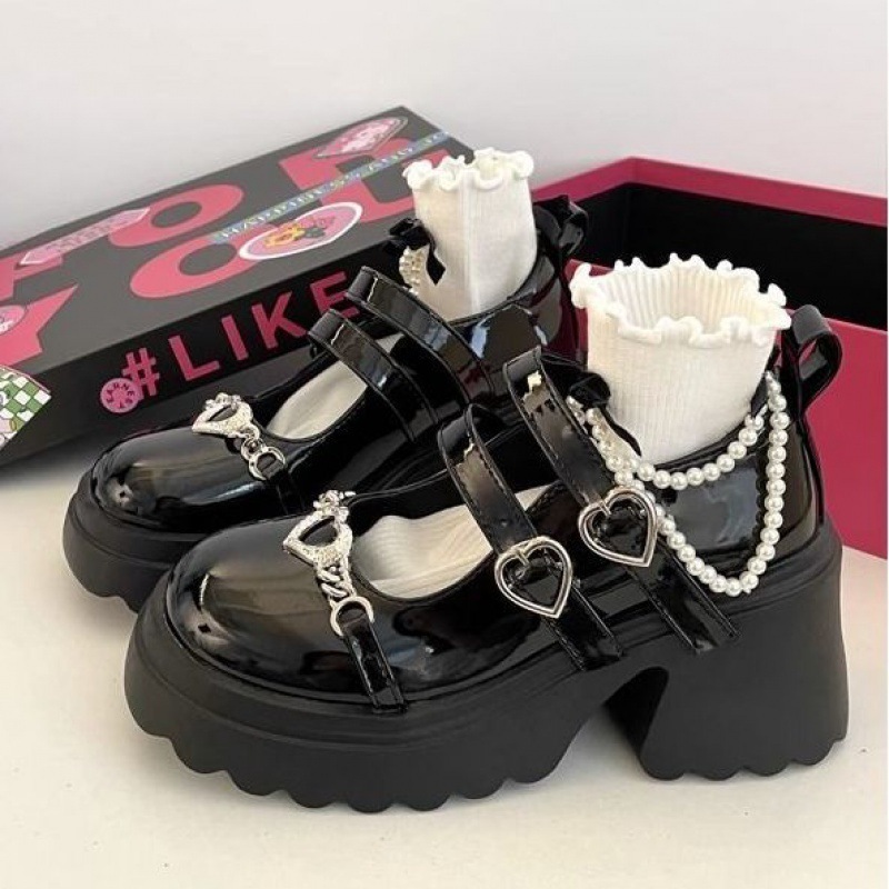 Sapatos De Sola Preta Espessa Com Fivela Mary Jane Buckle