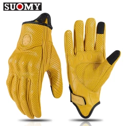 SUOMY Retro Luvas De Couro De Motocicleta Quatro Estações À Prova De Vento Vintage Masculino Feminino Com Tela Táctil Dedo Inteiras Yellow Pink XS-XXL