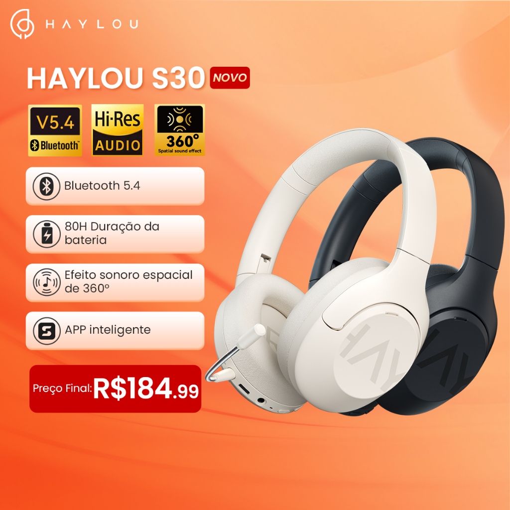 Haylou S30 ANC Fone De Ouvido Sem Fio Bluetooth5.4 80H Bateria Headphone com Microfone GamingHeadset - Audio