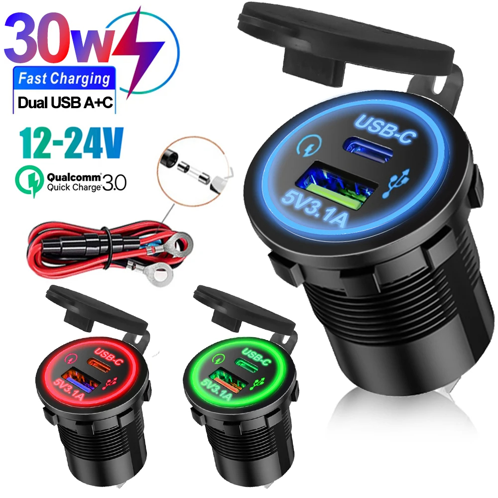 Carregador USB-A + C Para Carro 3.1A Adaptador De Modificado E Motocicleta