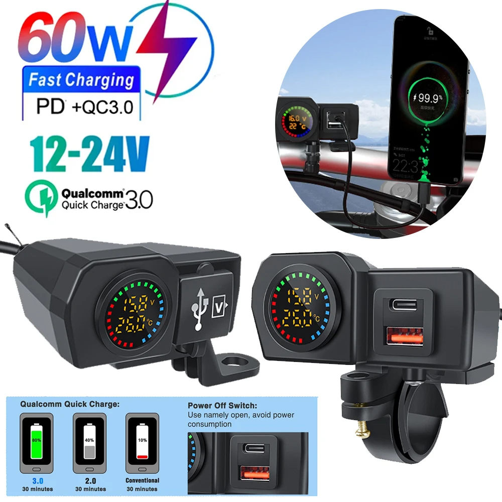 Motos 60W QC3.0 PD Tomada Para Carregador De QC3.0 USB Tipo C Carregamento Rápido Plug Voltímetro Termômetro Mostrador Digital
