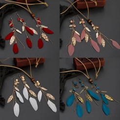 Conjunto De Brincos De Pendentes Dourados De Folha Longa Femininos Boho Fashion Beads Feather Tassel Dangling Earrings Acessórios Para Festa De Casamento