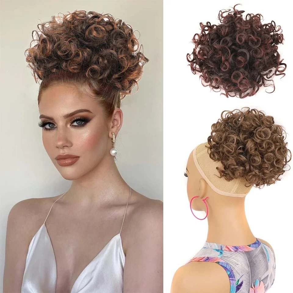 Cabeleira Feminina Afro Puff Curly Drawstring Envolvida Elástica Ondulada Solta Bun Sintética Cauda De Pôneixo