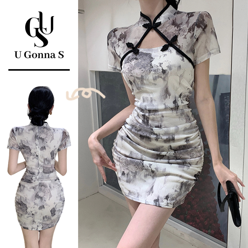U Vai S Vestido Melhorado Cheongsam Moderno Manga Curta Acima Do Joelho Gola Chinesa Cintura Alta Sexy Moda Elegante Bod