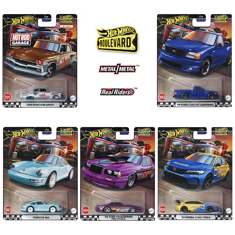Hot Wheels Rodas Quentes Boulevard 2024 Mix 3 2024 ('99 Ford F-150 SVT Lightning , 1955 Plymouth Savoy , Porsche 964 , 86 Thunderbird Pro Stock , 24 Honda Civic Type-R (Colher) Carro Fundido