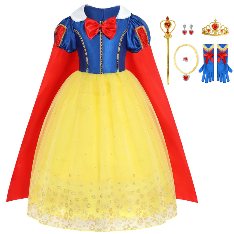 Vestido De Festa De Aniversário Para Meninas Verão Cosplay Branca De Neve Com Manto Princesa Doce Manga Curta em Oferta na Shopee