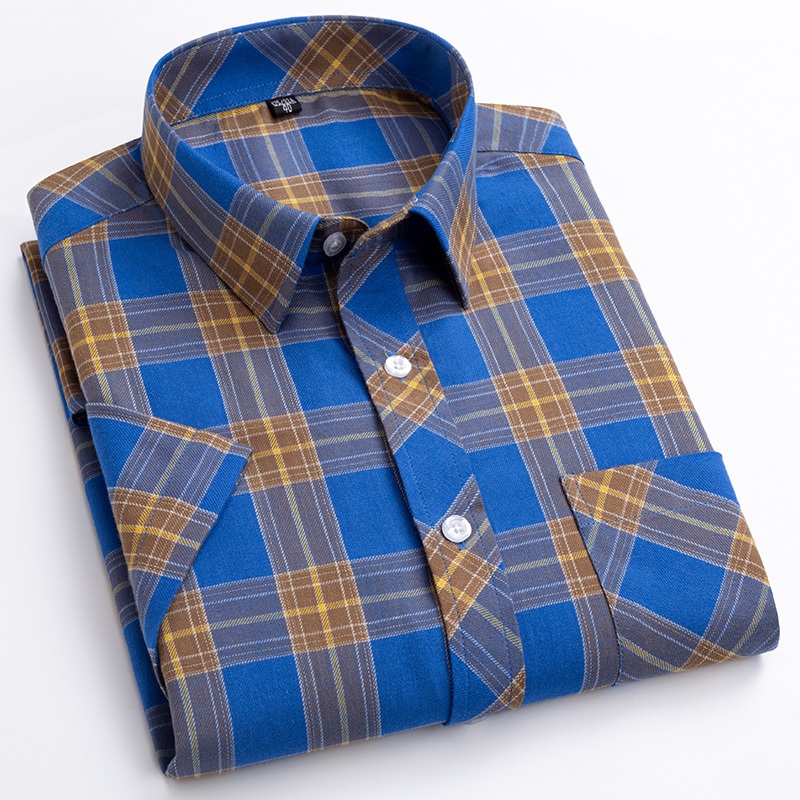 Casual 100% Algodão Manga Curta Plus Size Xadrez Estilo Coreano Liso Camisa Social Masculina em Oferta na Shopee