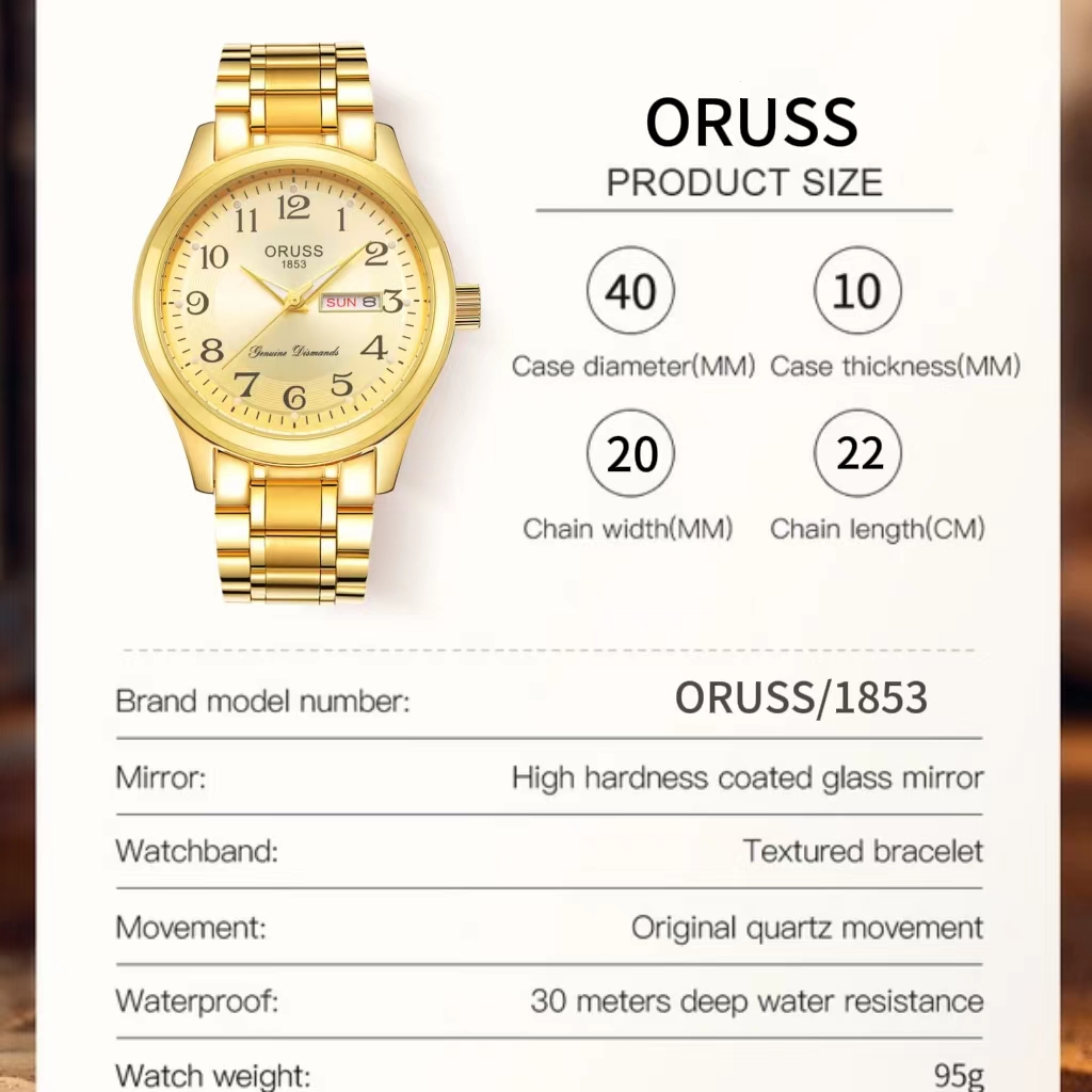 ORUSS Calendário Duplo Original de Aço Inoxidável de Luxo Ouro à prova d'água Relógio de Moda Masculina Luminoso Versão — imagem 2 de 2