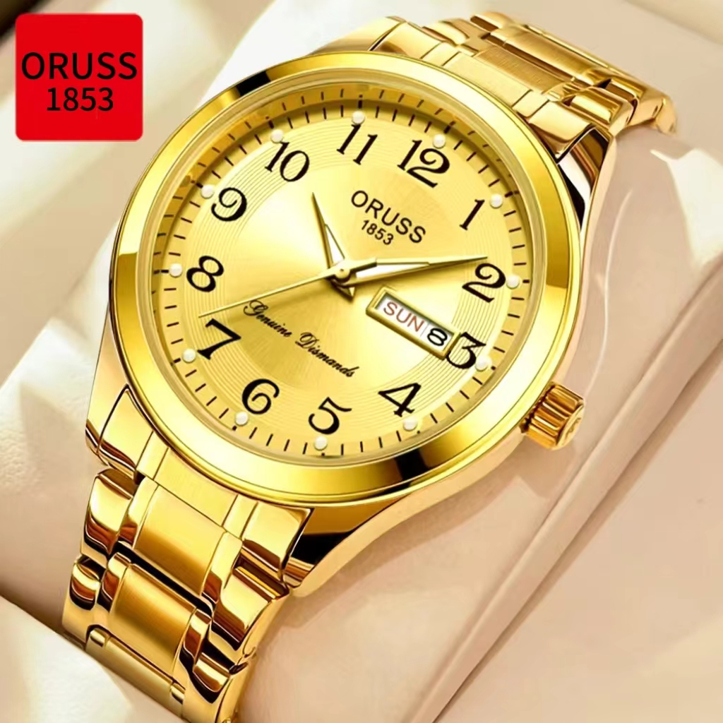 ORUSS Calendário Duplo Original de Aço Inoxidável de Luxo Ouro à prova d'água Relógio de Moda Masculina Luminoso Versão