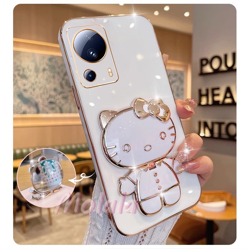 Capinha Xiaomi Mi 13 Lite 5G Com Espelho De Maquiagem KT Cat Bracket À Prova De Choque De Telefone Macia em Oferta na Shopee