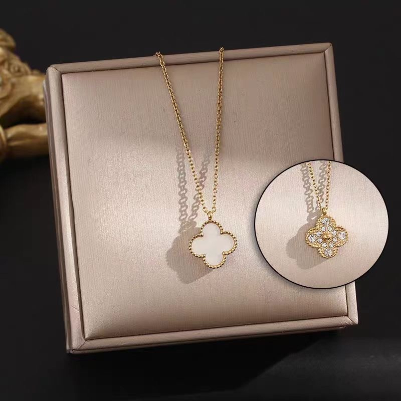 Trevo de Quatro Folhas Dupla Face Diamante Branco Concha de Quatro Folhas Trevo de Quatro Folhas Ouro 18K Colar de Aço Titânio Preservação da Cor