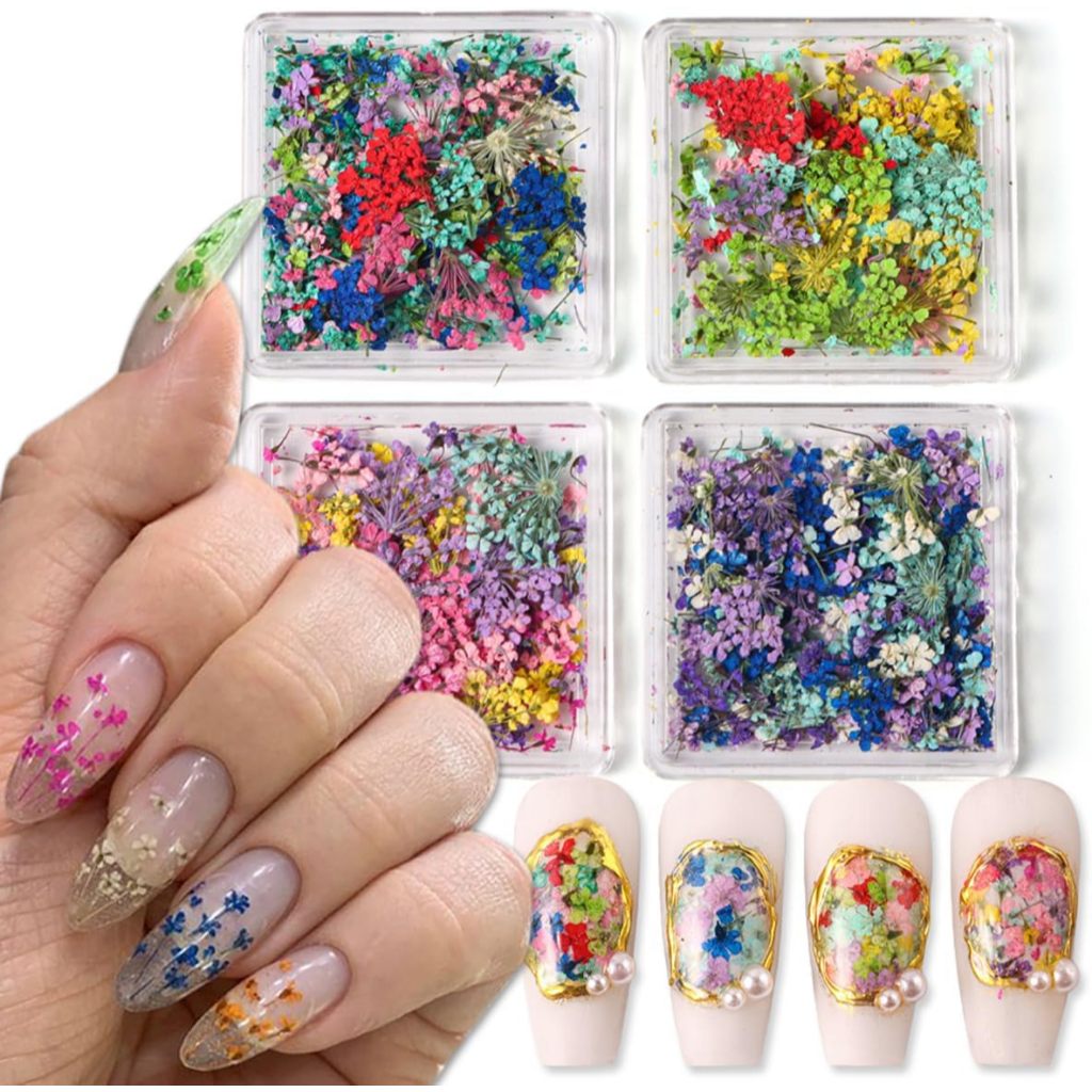 4 Caixas Flores Secas Arte de Unhas Arte de Unhas 3d Flores de Mola Autocolantes de Unhas Coloridas Flores Secas Decalques de Unhas Naturais e Verdadeiras Mini Mistas Decoração de Unhas de Pétalas para Manicure Feminina