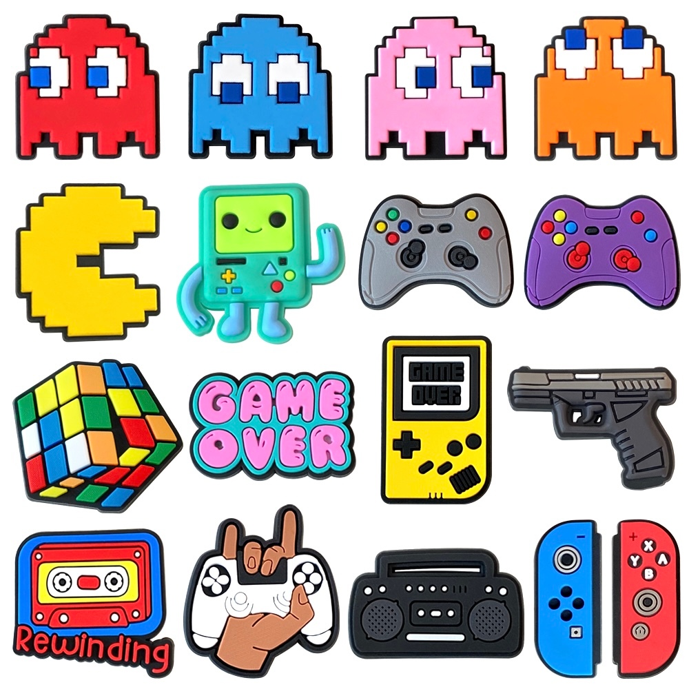 MEIDJ Encantos De Sapato 17 Pac-Man Série Padrões de cubos e padrões de consolas Acessórios de PVC com botão