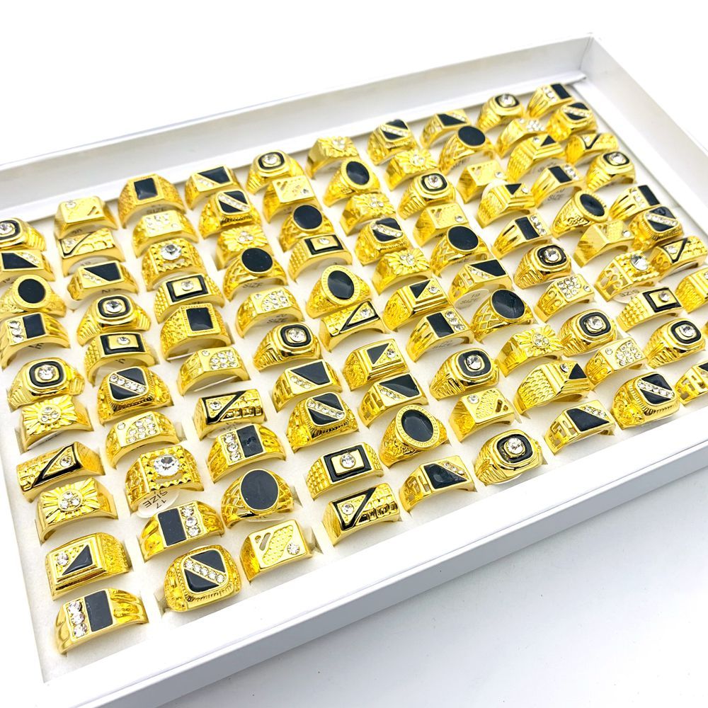 20pcs Anéis Masculinos De Ouro Esmalte Preto Rhinestone Fashion Jewelry