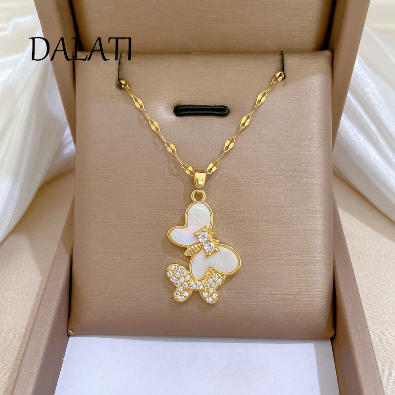 Dalati Colar de Aço Titânio Colar de Aço Dalati Colar de Aço Titânio Fashion Butterfly Shell Light Luxo Lindo Colar de Diamante Completo Cadeia de Aço Titânio Cadeia de Aço Titânio